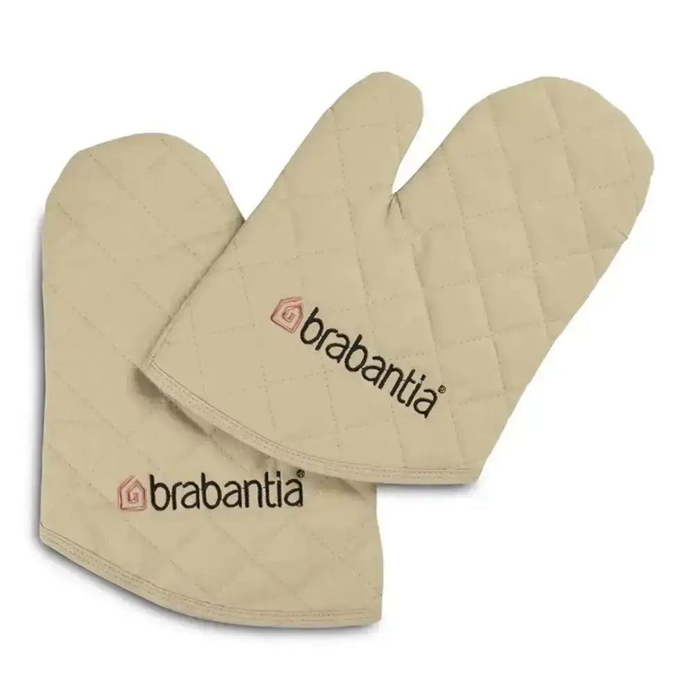 Pair of beige oven mitts with Brabantia logo on a white background