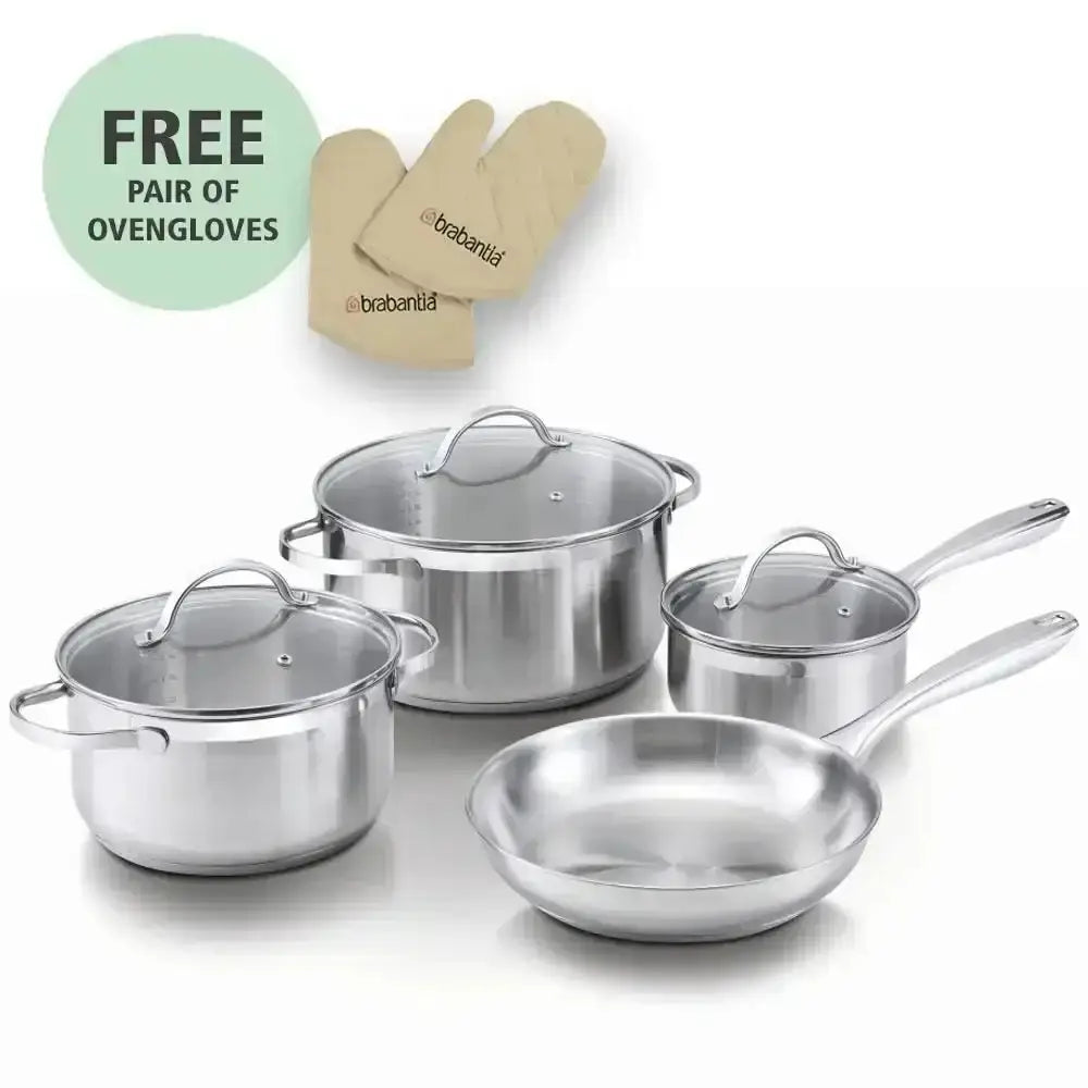 Set of stainless steel cookware with lids and a free pair of oven gloves on a white background