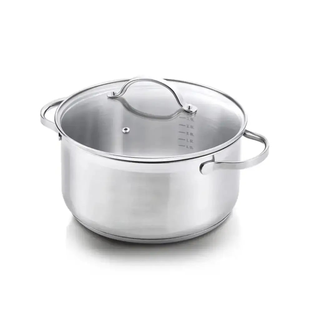 Stainless steel pot with lid on a white background