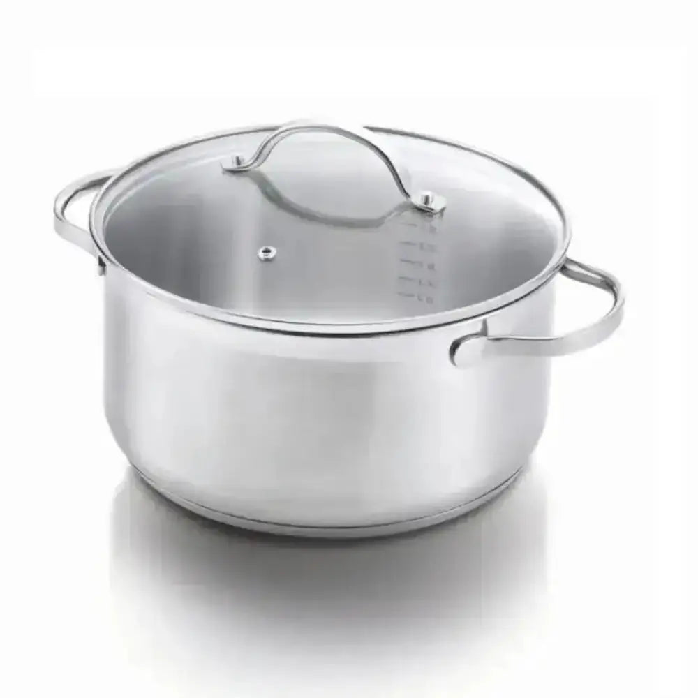 Stainless steel pot with lid on a white background