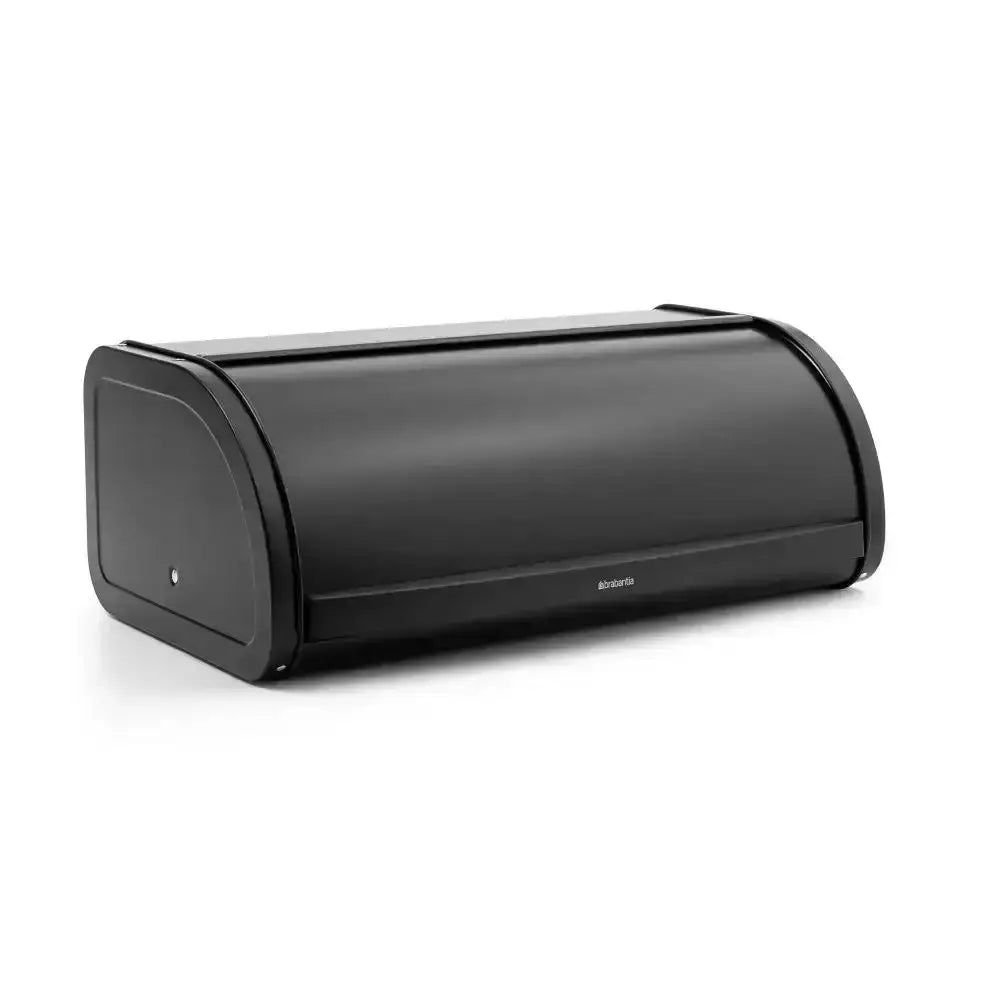 Black roll-top bread bin on a white background