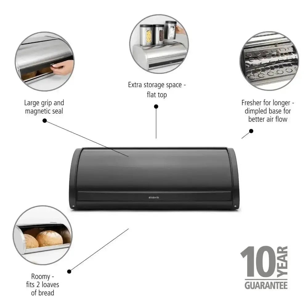 Black bread storage container with features highlighted on a white background