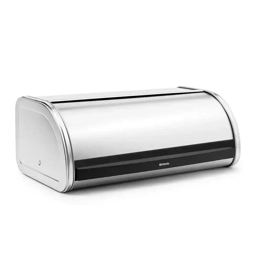 Silver bread bin with black base on a white background