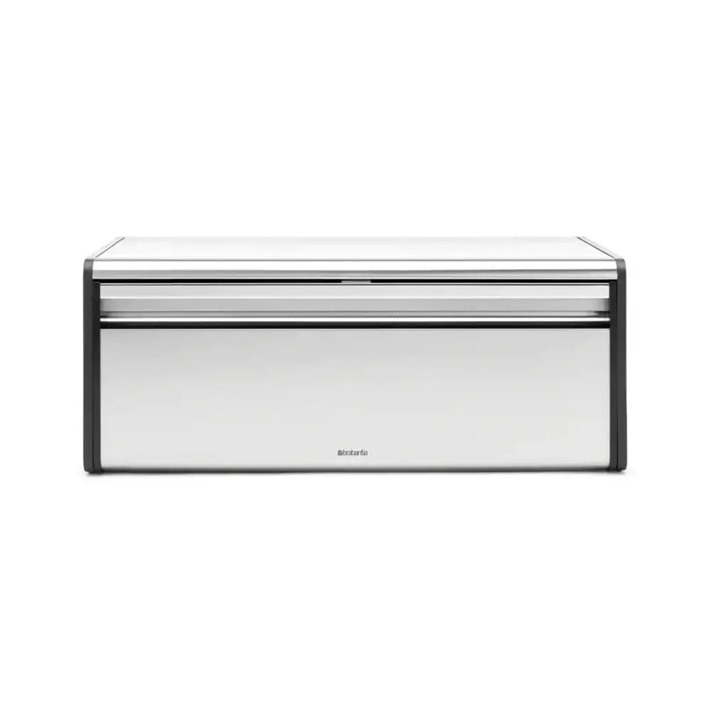 Silver bread box with a black handle on a white background