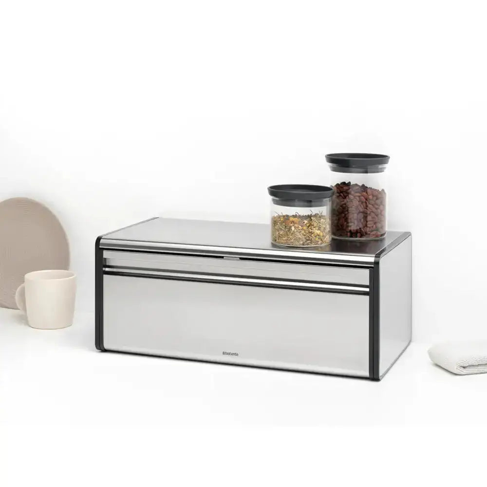 White bread box with black accents on a white background