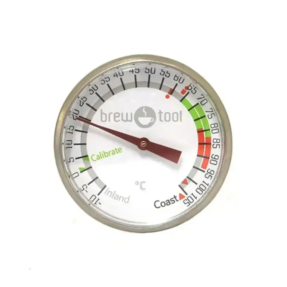 Temperature gauge with 'brew tool' branding on a white background