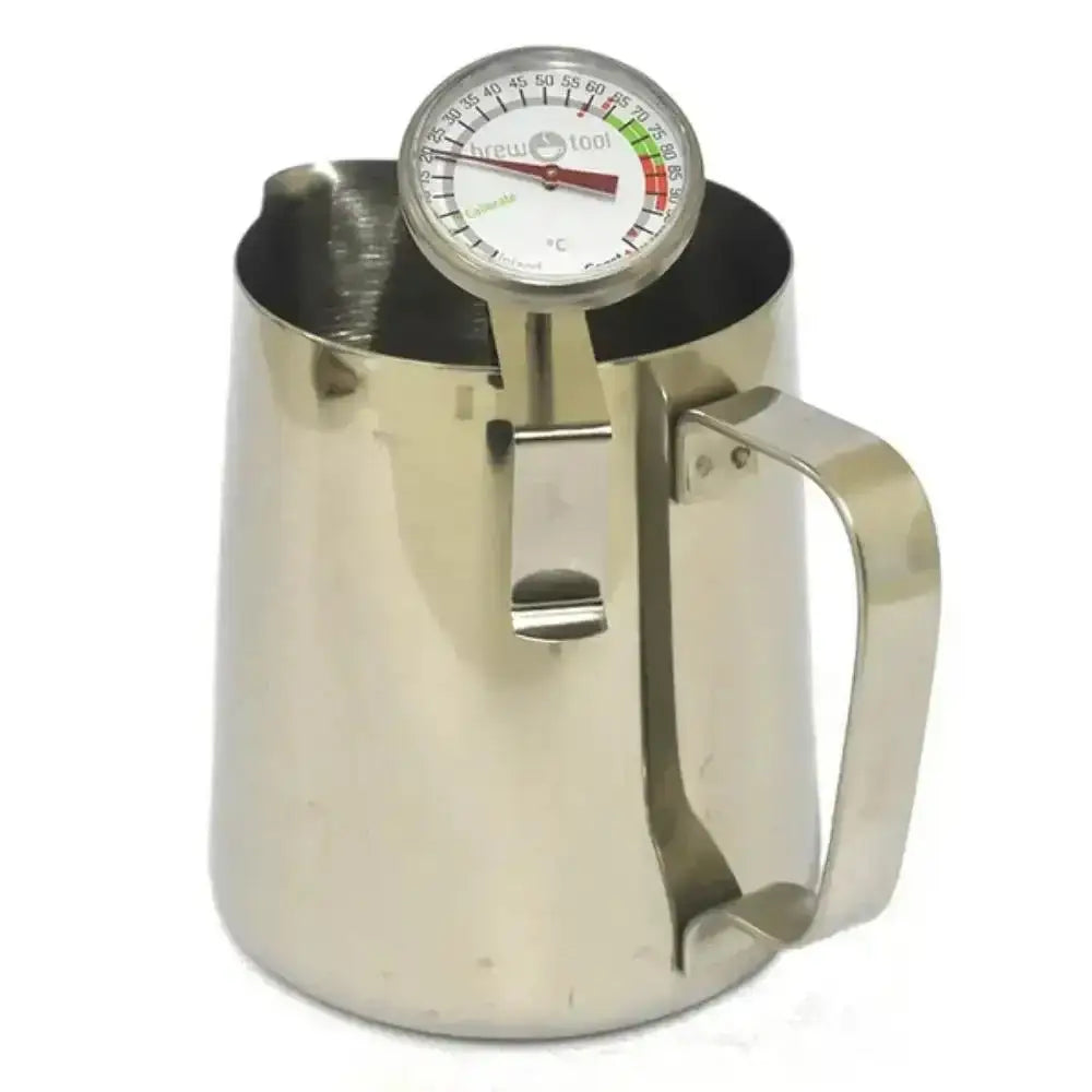 Stainless steel pitcher with a temperature gauge on a white background