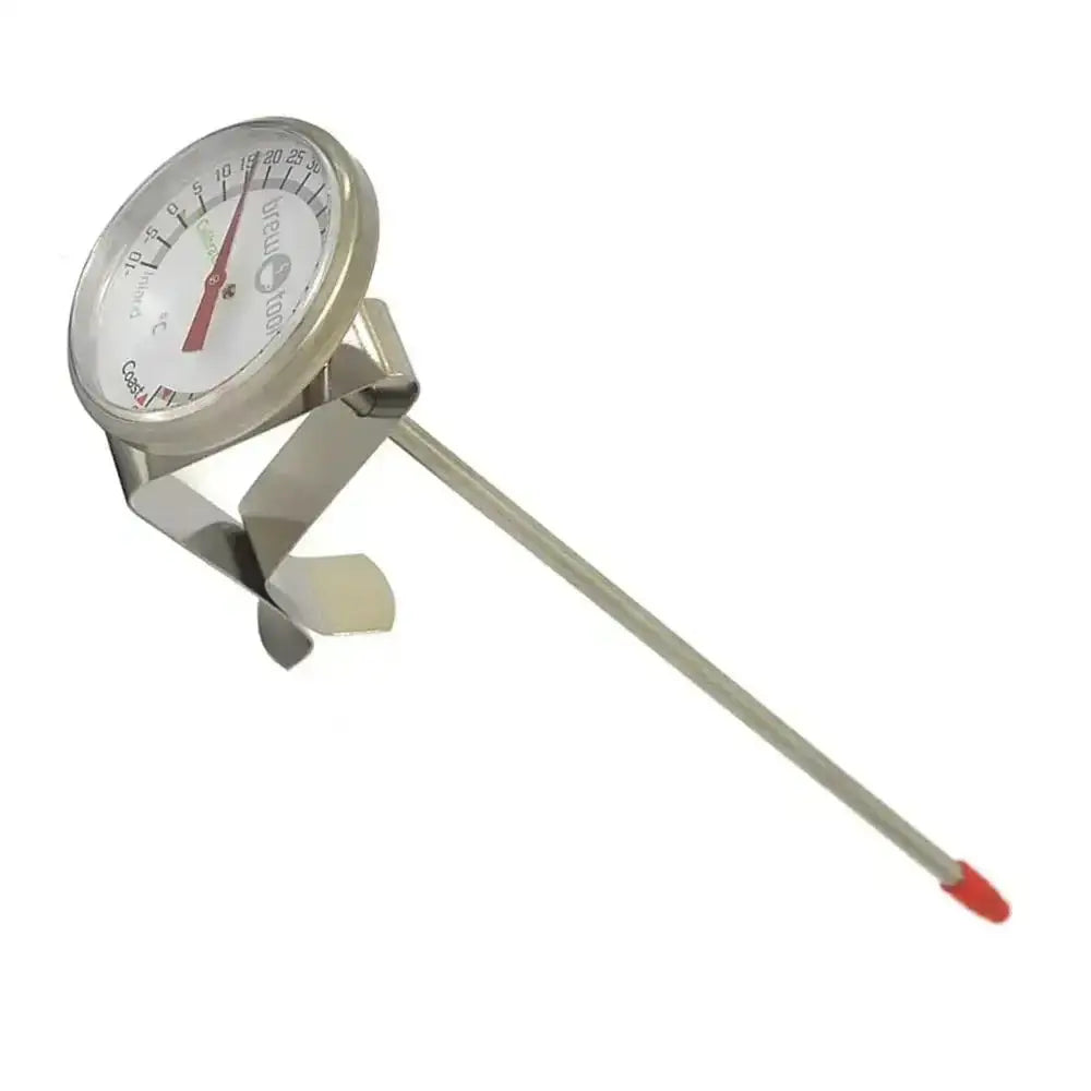 Dial thermometer with a long probe on a white background