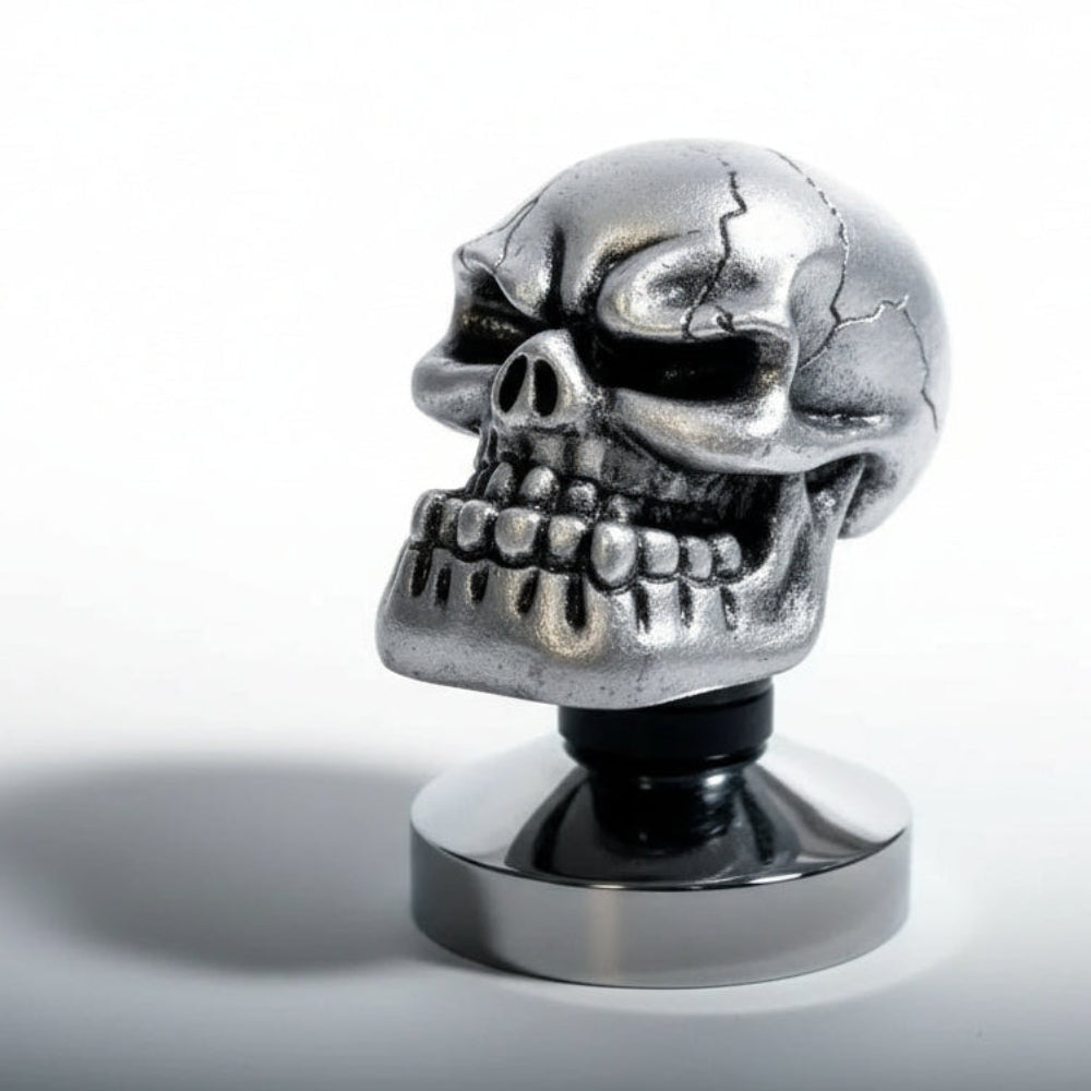 Metallic skull-shaped object on a white background