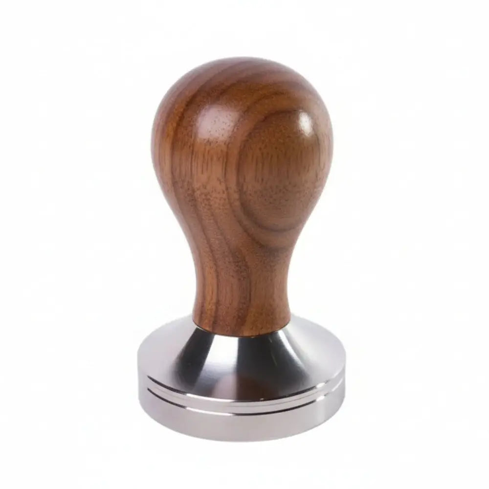 Coffee tamper with wooden handle and metal base on a white background