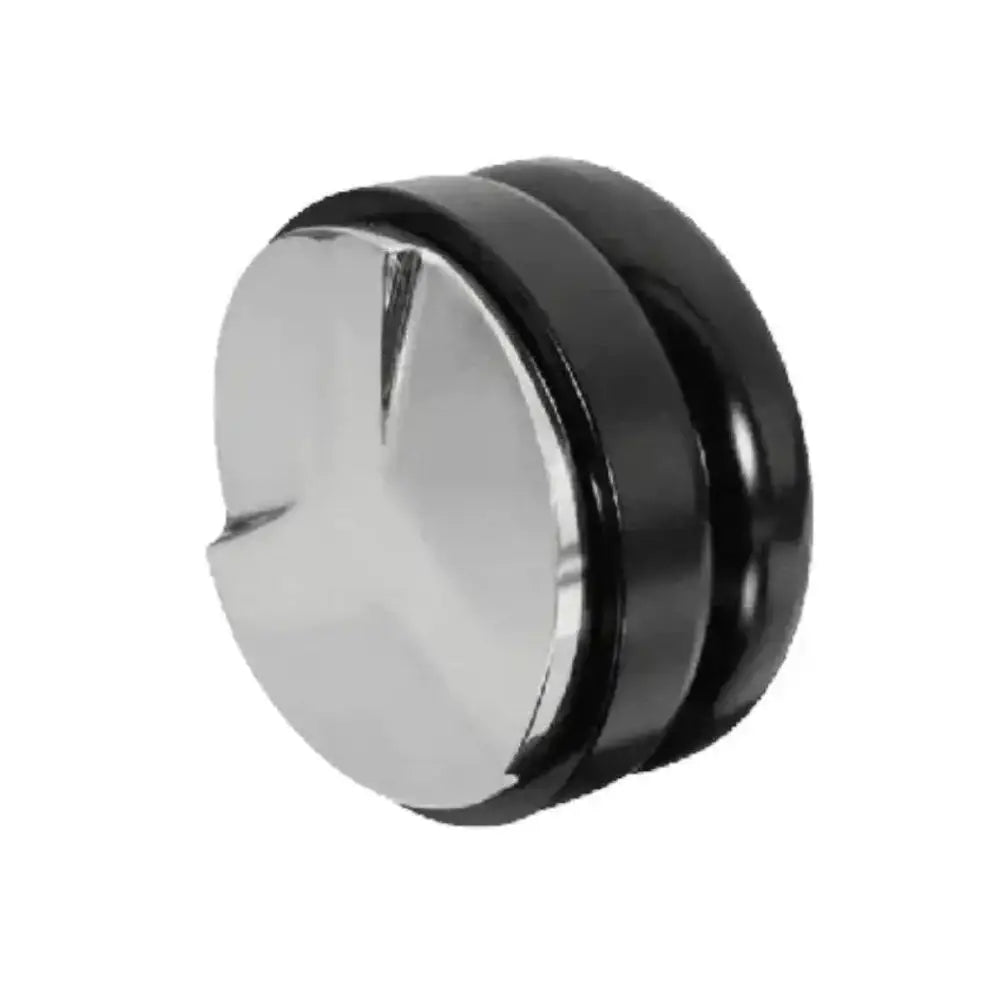 Round metallic tamper with black rim on a white background