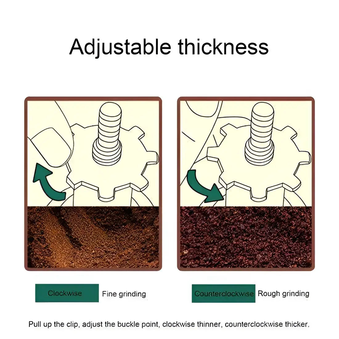 Diagram showing adjustable thickness of a tool with clockwise and counterclockwise directions.