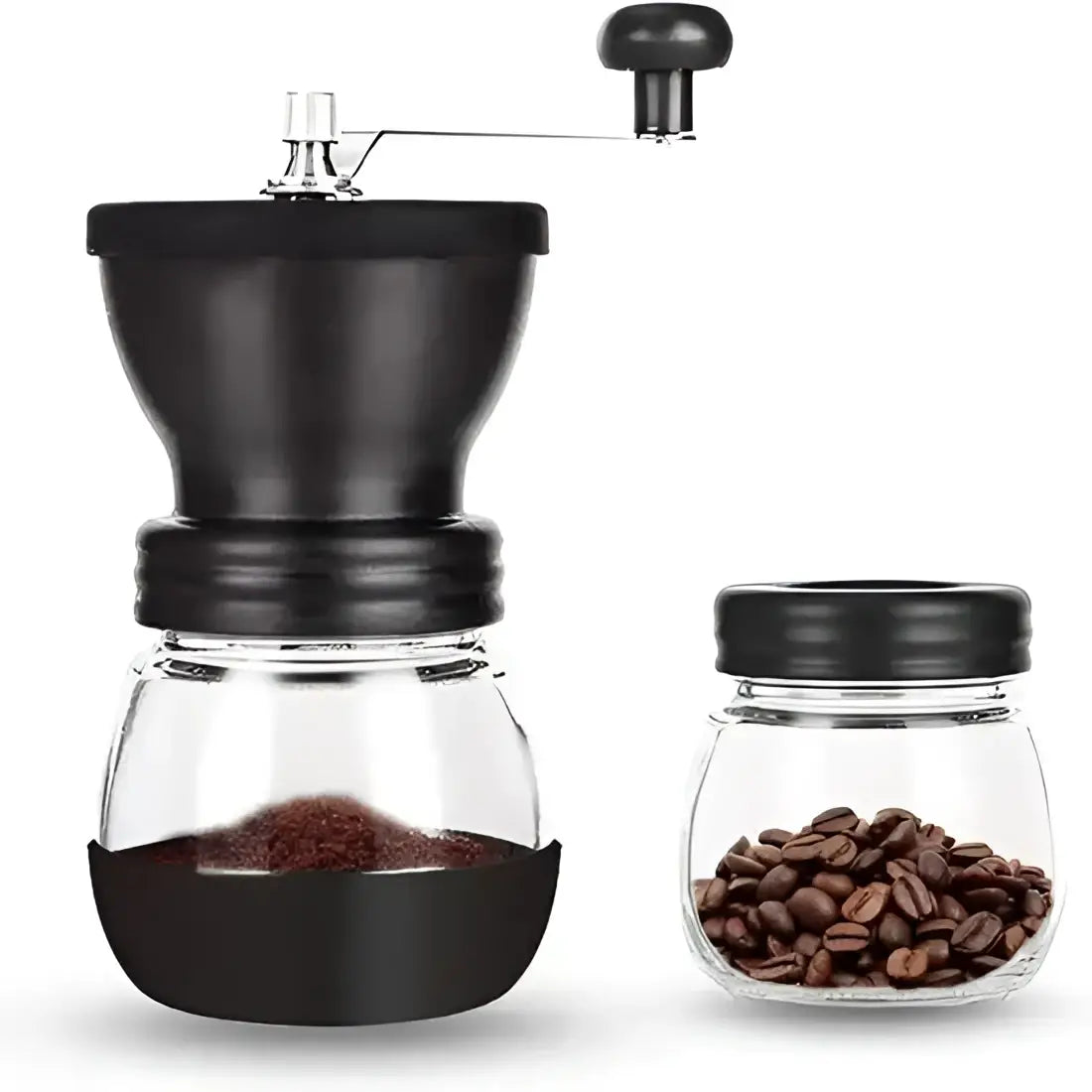 Manual coffee grinder with a clear container holding ground coffee and a jar of whole coffee beans on a white background.