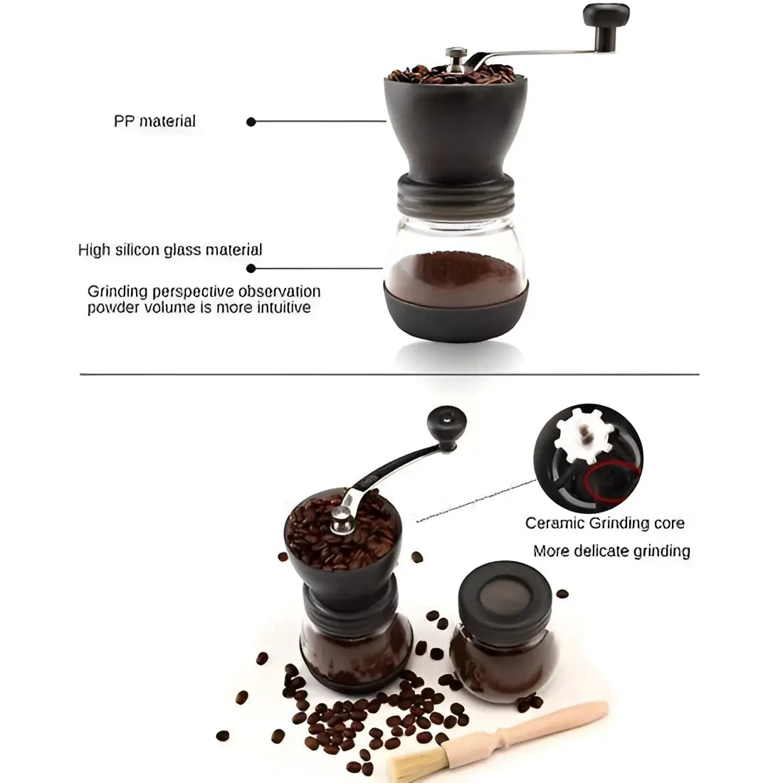 Coffee grinder with labeled features on a white background