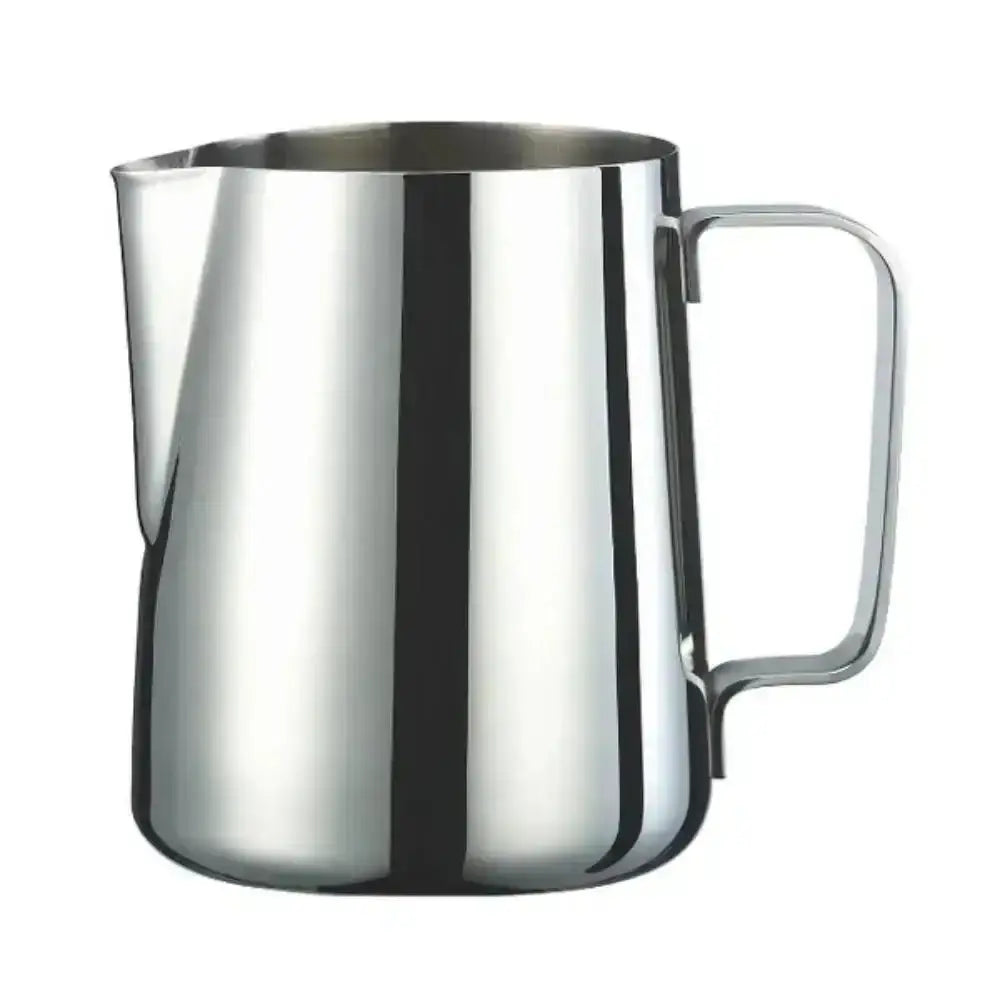 Stainless steel pitcher on a white background
