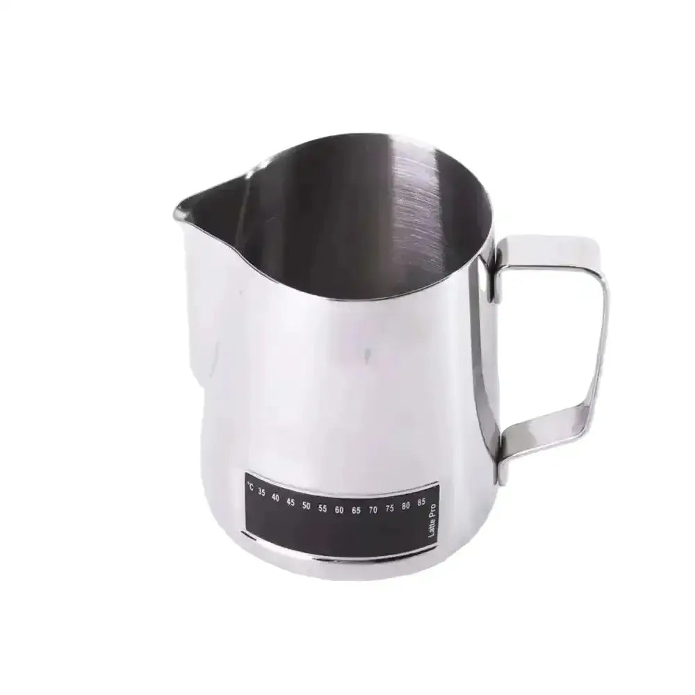 Stainless steel milk pitcher with measurement scale on a white background