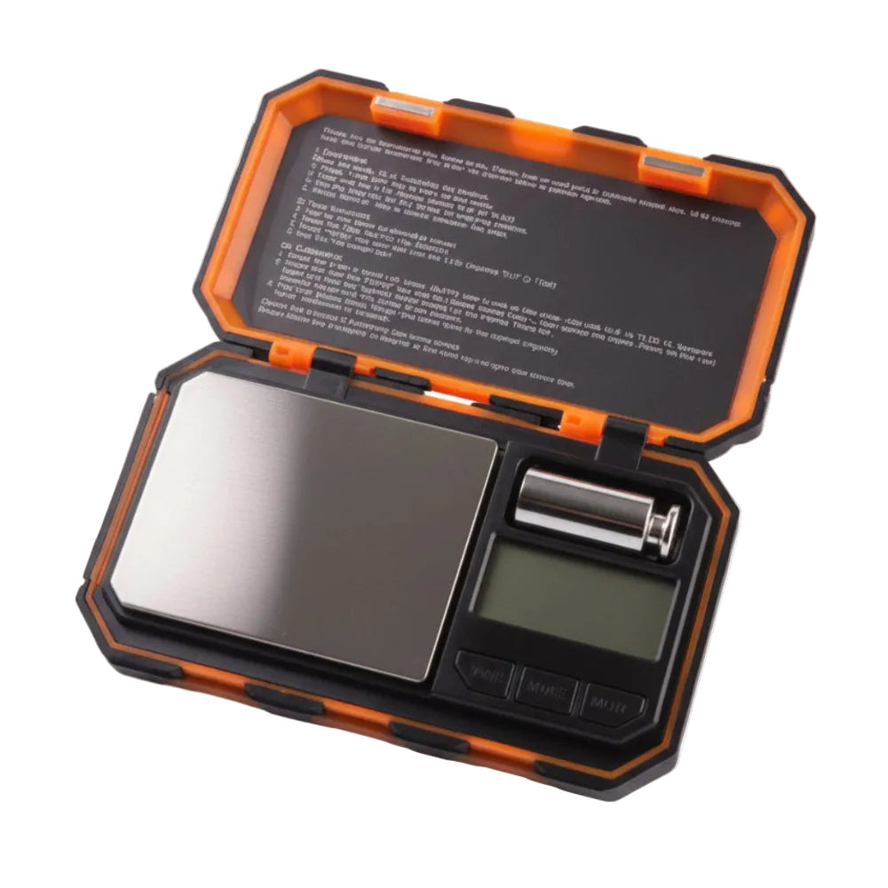 Digital pocket scale with orange and black casing on a white background