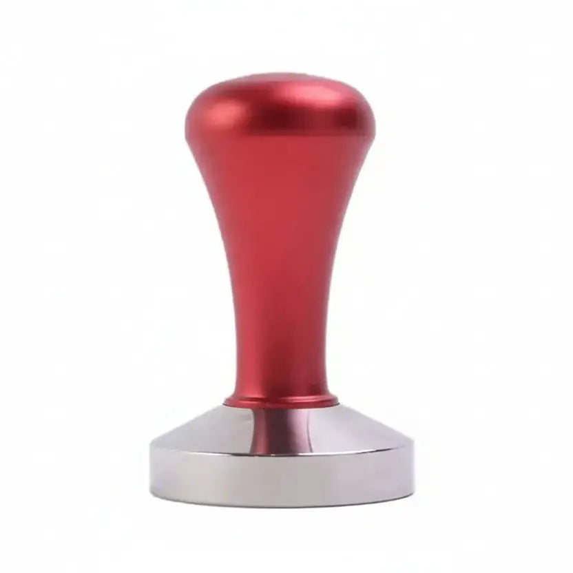 Red metal tamp with silver base on a white background