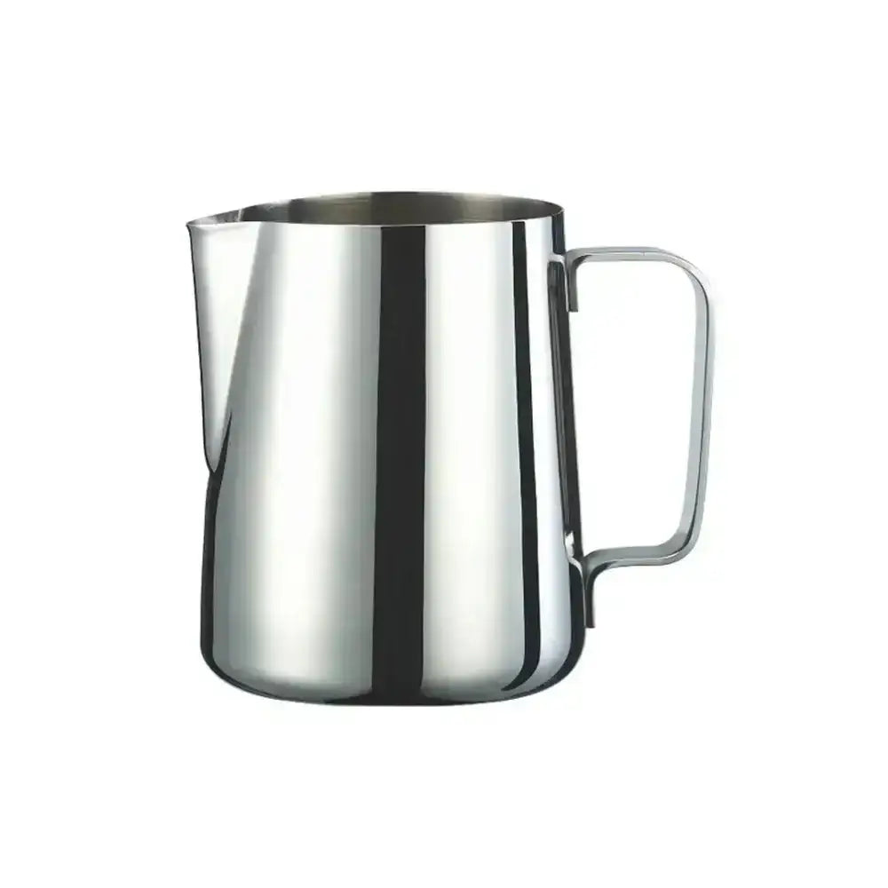 Stainless steel milk frothing jug with handle, 600ml capacity, on white background