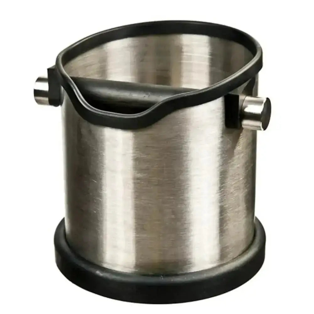 Stainless steel coffee knock box with black rubber bar and base for espresso grounds