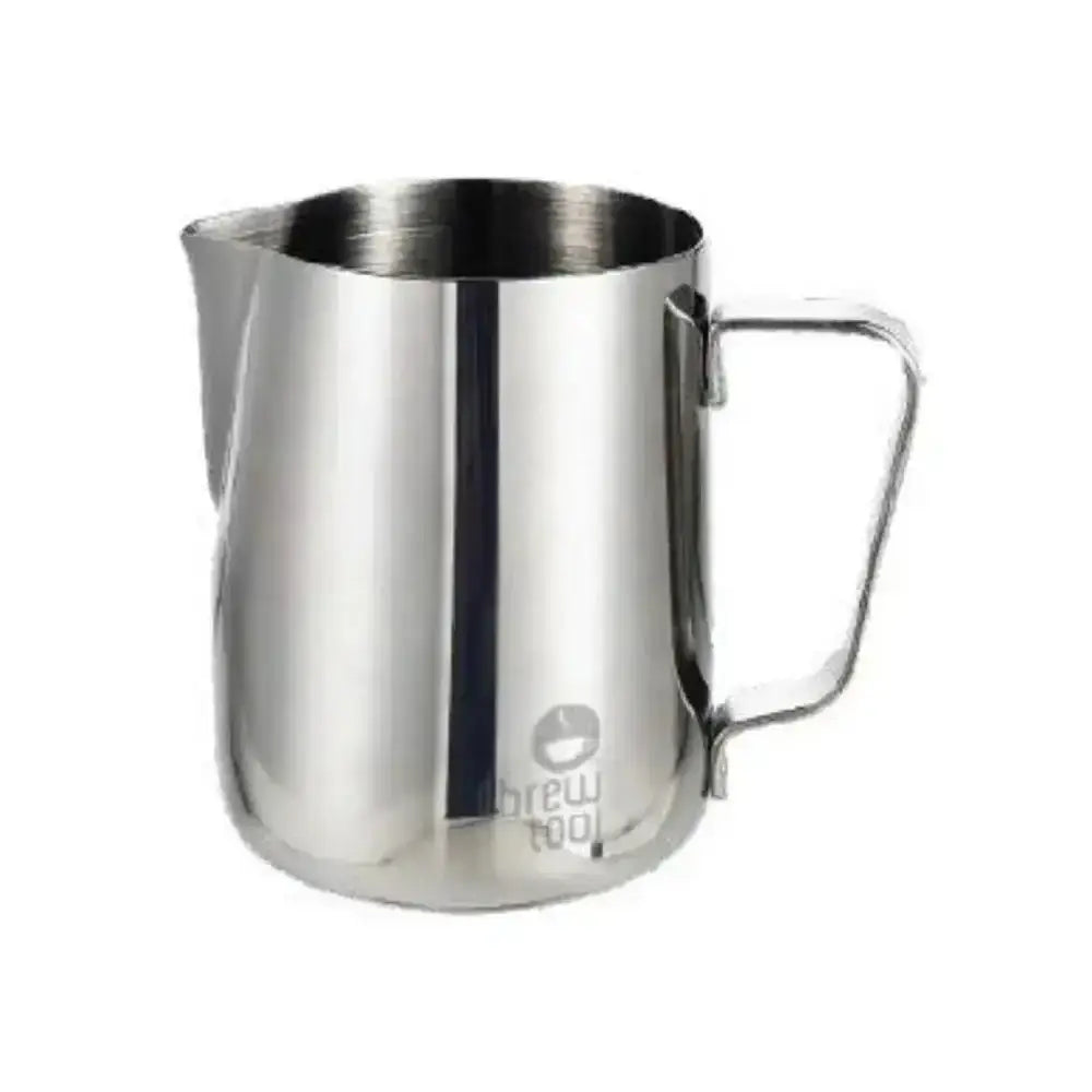 Stainless steel milk frothing pitcher on a white background