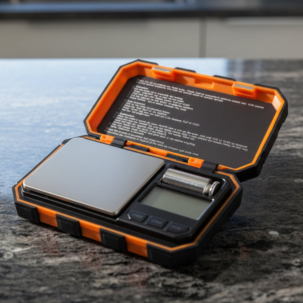 Digital pocket scale with orange and black casing on a white background