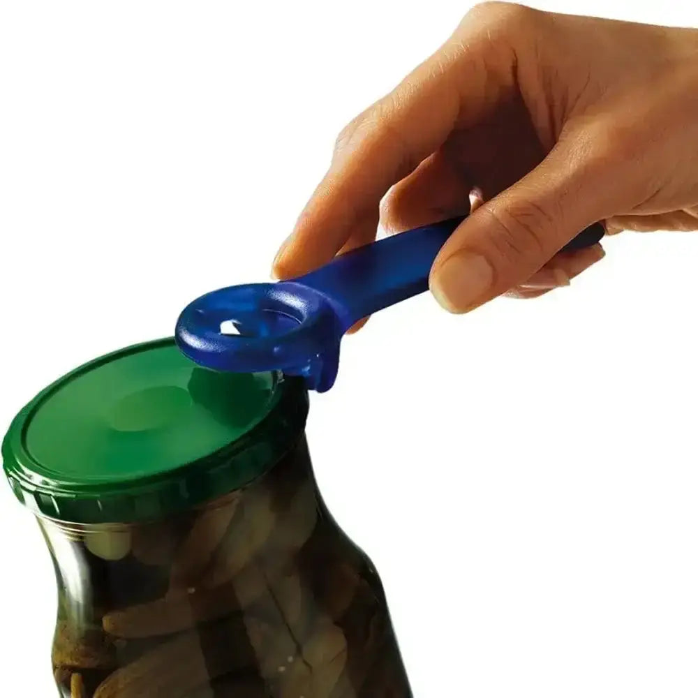 Hand using a blue jar opener on a green-lidded jar against a white background
