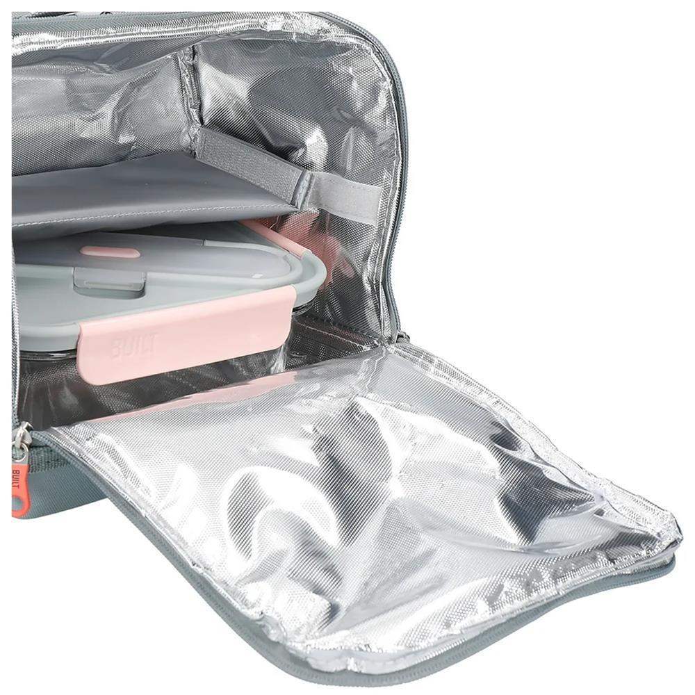 Insulated lunch bag with compartments on a white background