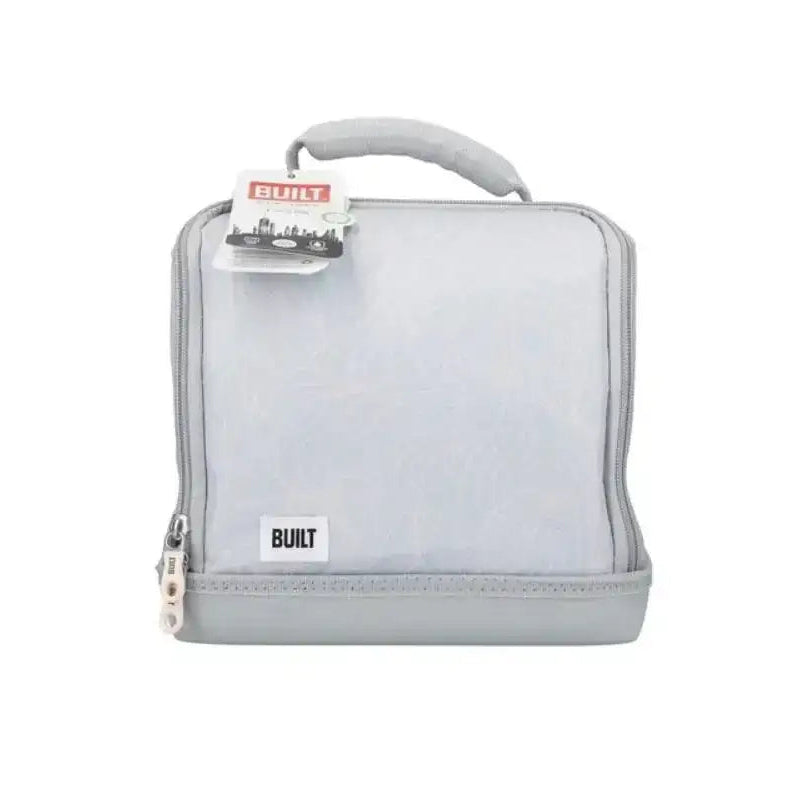 Gray toiletry bag with 'BUILT' branding on a white background