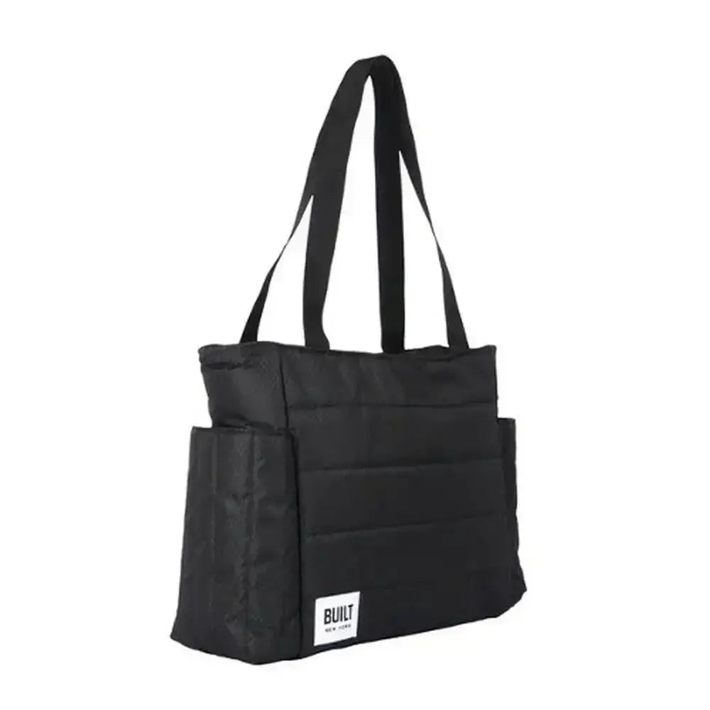 Black tote bag with multiple pockets and a visible brand logo on a white background