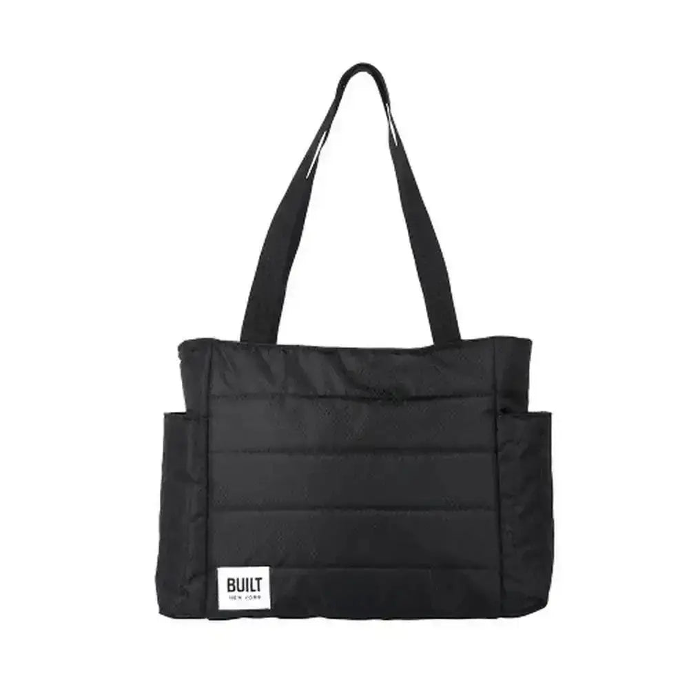Black tote bag with a visible brand logo on a white background