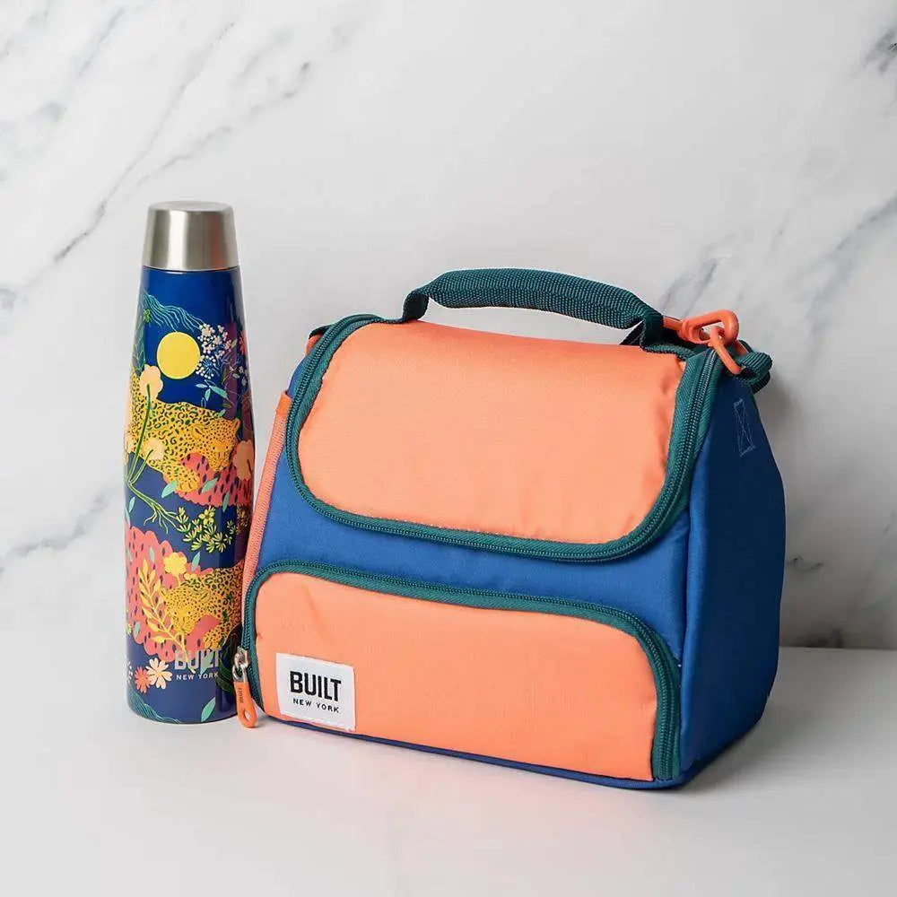 Built Prime insulated lunch bag abundance 6l with vibrant blue and coral two compartments and teal zipper accents