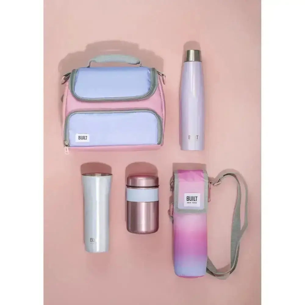 Pastel pink and lavender built prime insulated lunch bag with gray trim and 6L capacity for food storage