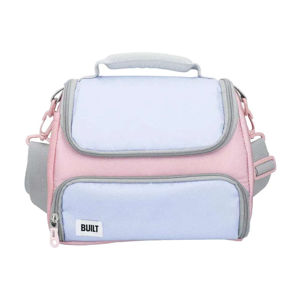 Pink and gray cooler bag with 'BUILT' logo on a white background