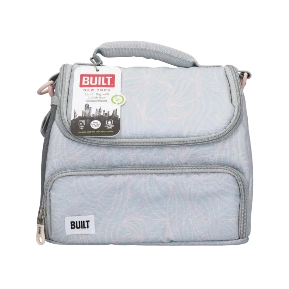 Gray insulated lunch bag with leaf pattern and 'Built' branding on a white background