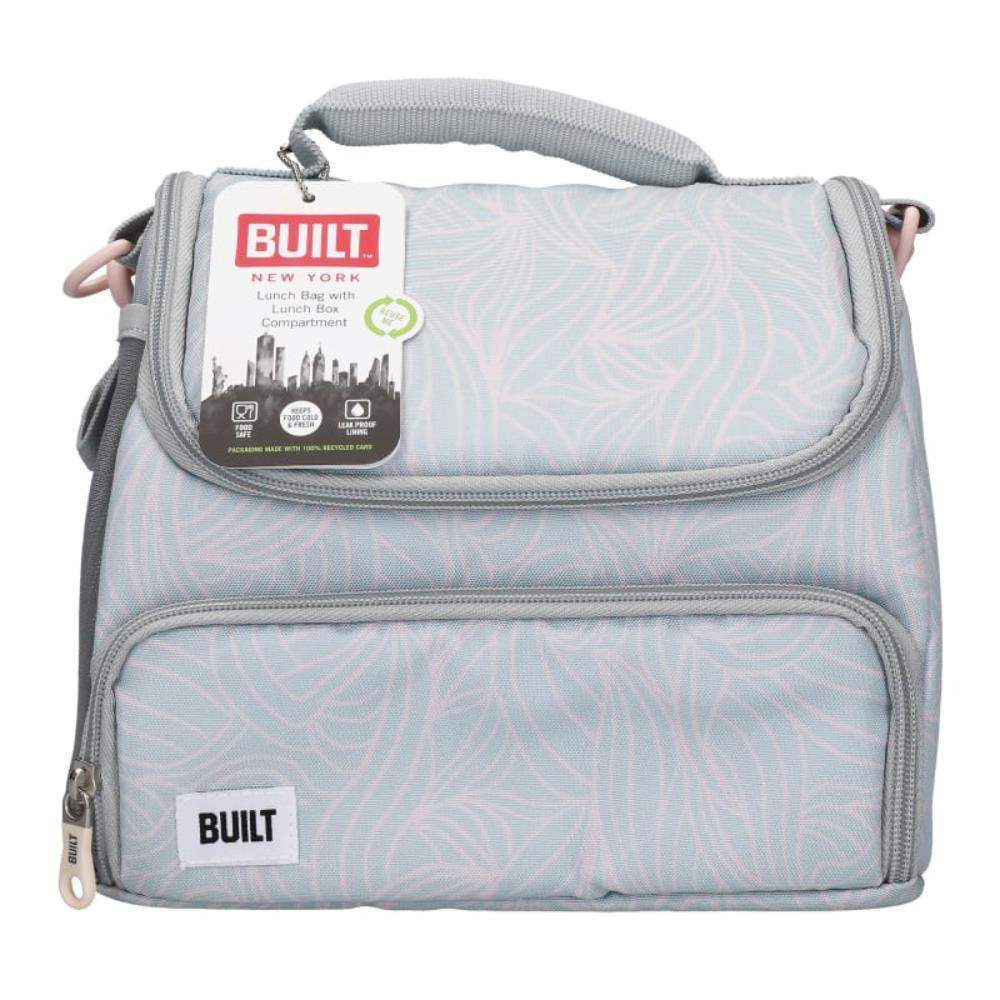 Gray insulated lunch bag with leaf pattern and 'Built' branding on a white background