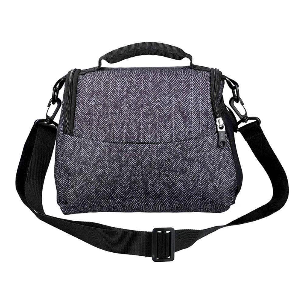 Gray textured bag with a black strap on a white background