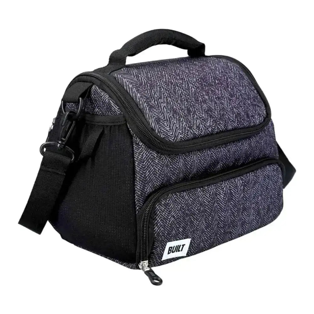 Black and gray patterned cooler bag with a visible brand logo on a white background