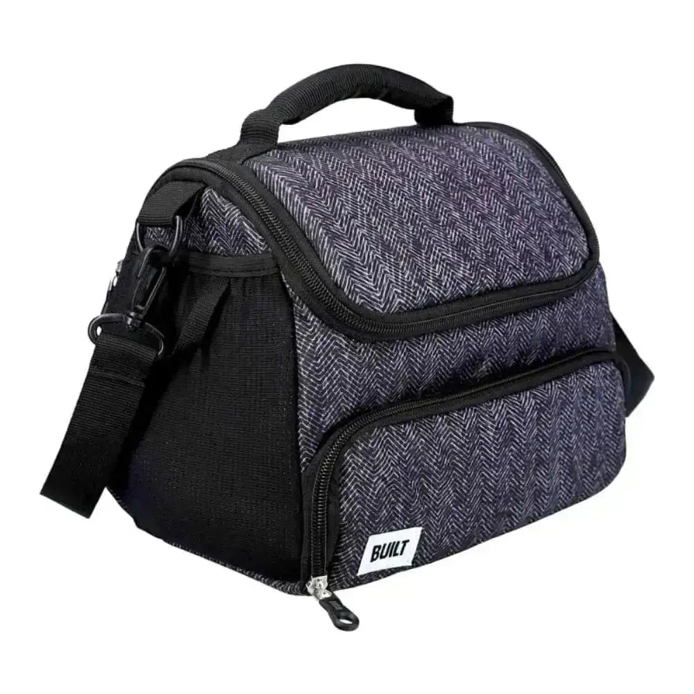 Black and gray patterned cooler bag with a visible brand logo on a white background