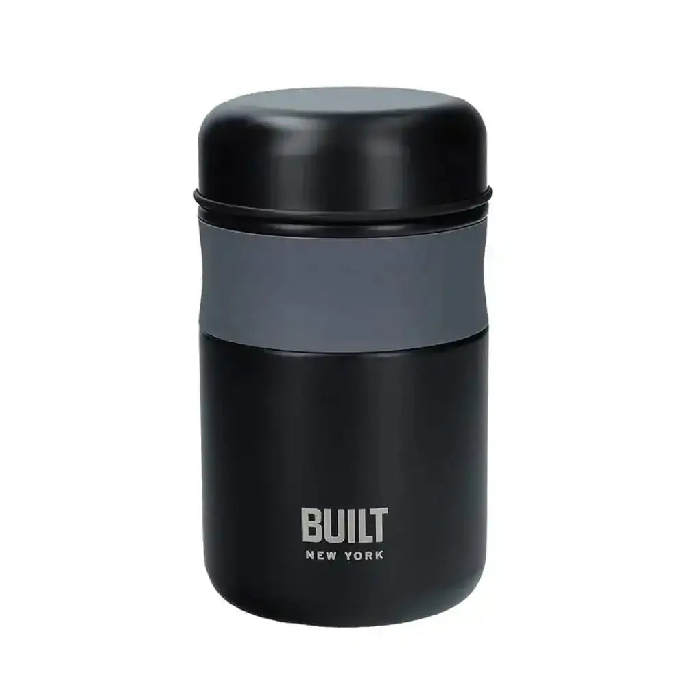 Black and gray insulated food jar with 'BUILT New York' branding on a white background