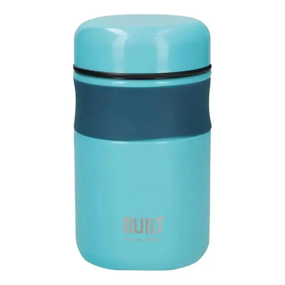 Blue insulated food jar with 'BUILT' branding on a white background