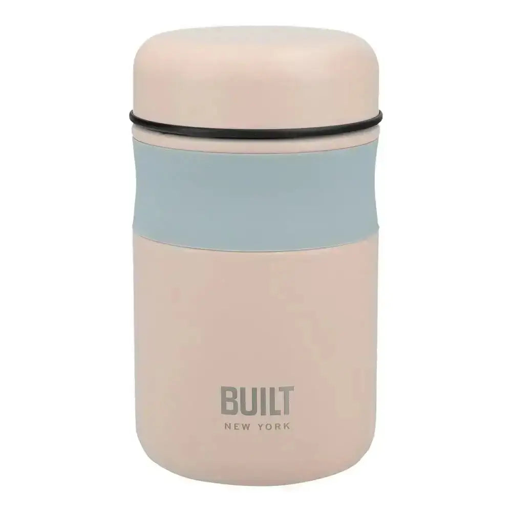 Pink and light blue thermos with 'BUILT New York' branding on a white background