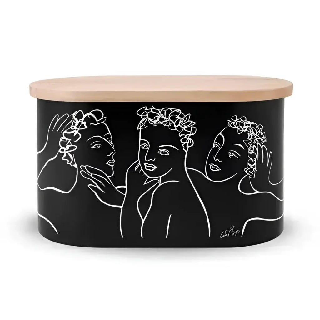 Black container with white line art of women's faces and a wooden lid on a white background