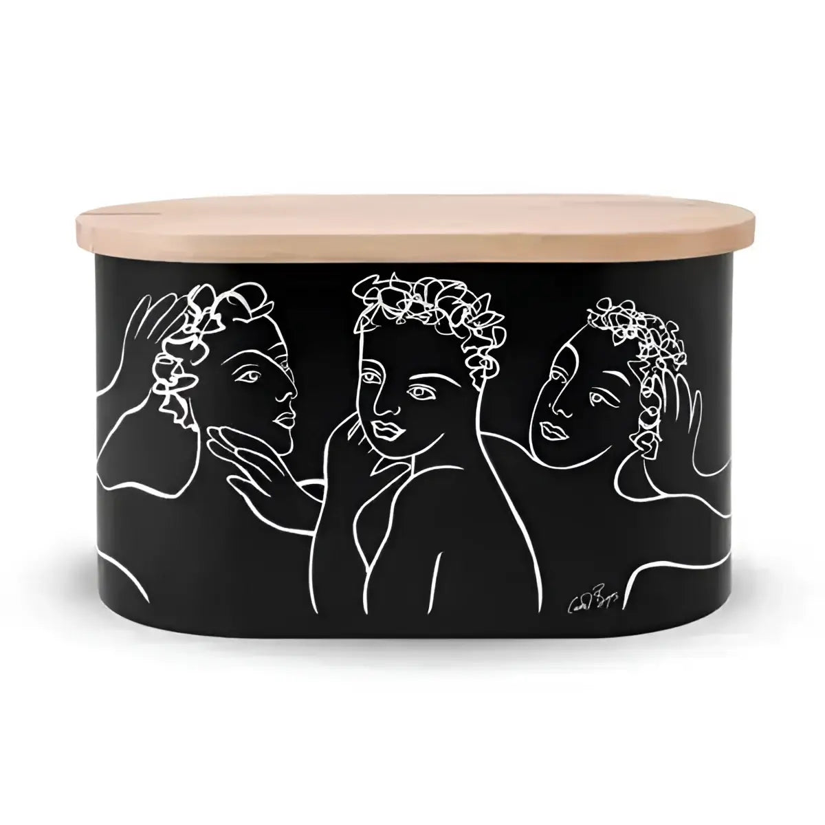 Black container with white line art of women's faces and a wooden lid on a white background