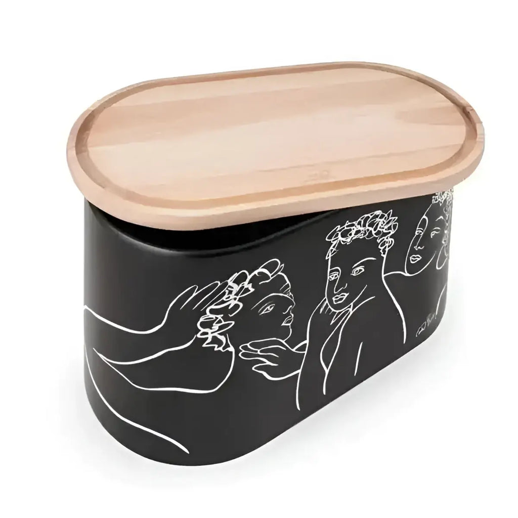 Black storage container with white line art designs and a wooden lid on a white background