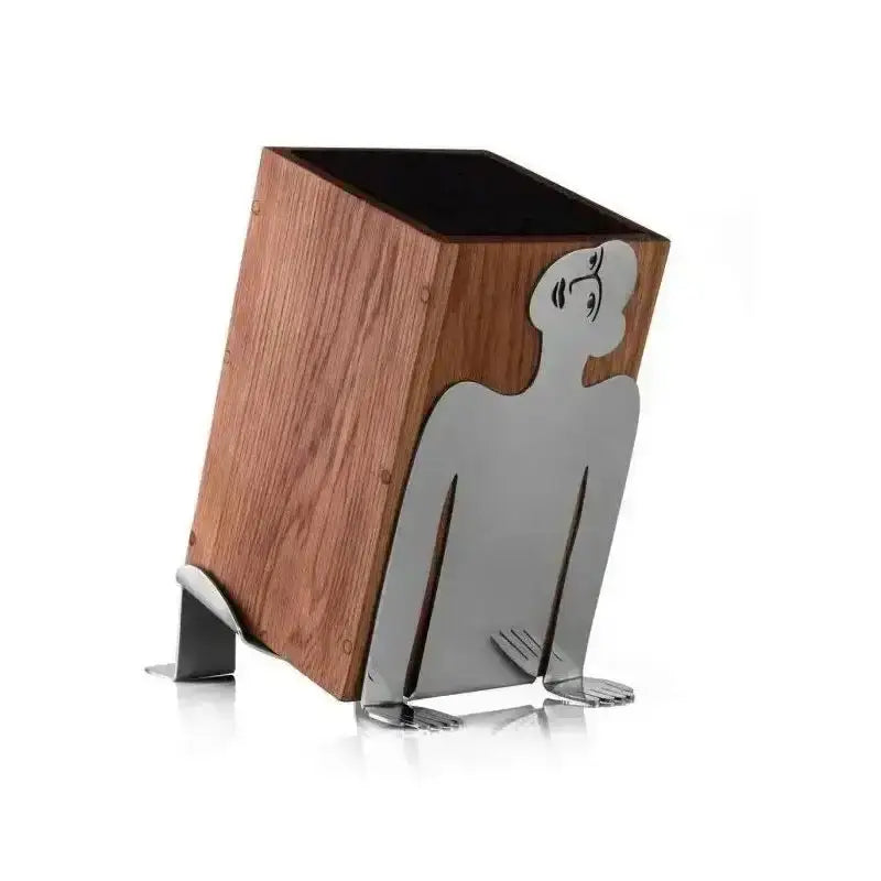 Wooden and metallic carrol boyes knife block holder with stylized human figure design for desk organization