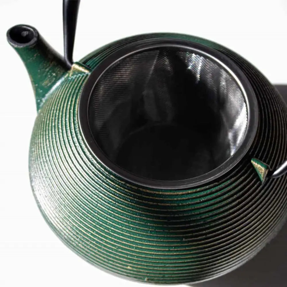 Close-up of a green teapot with a metal filter on a white background