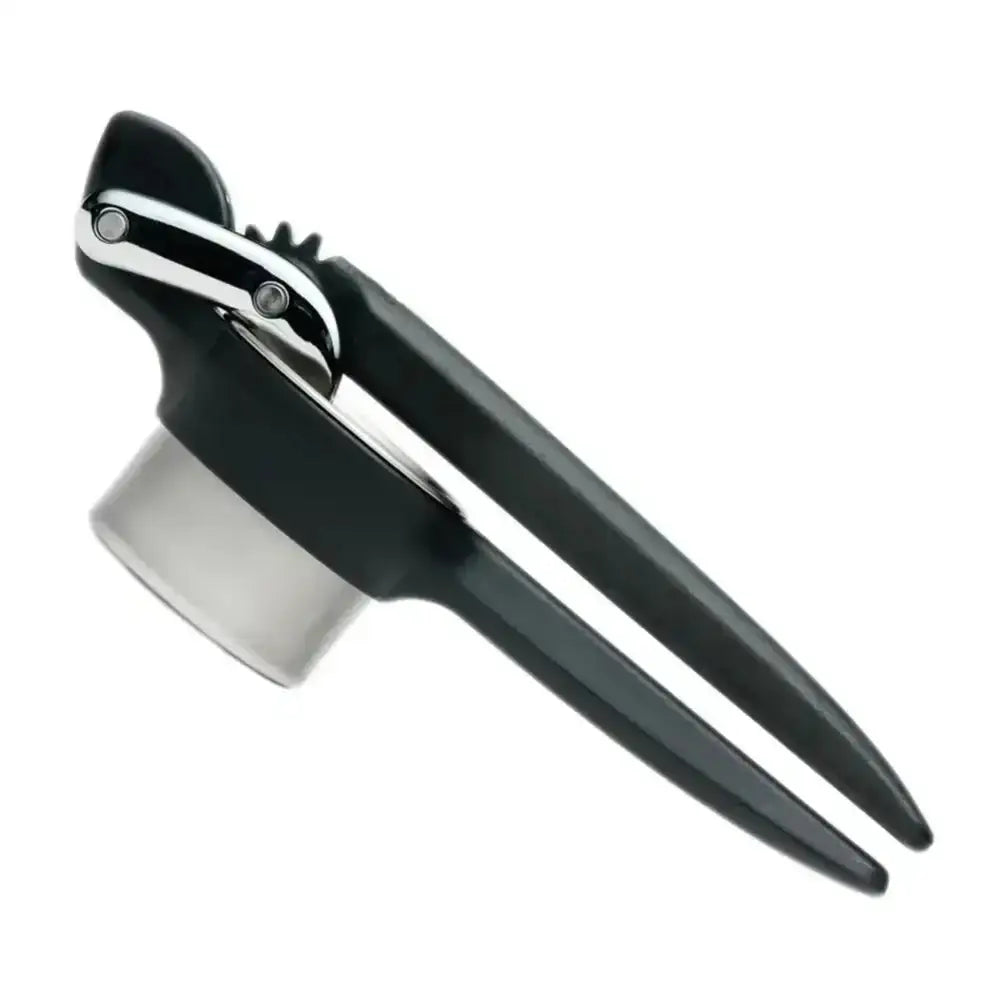 Black and silver potato press on a white background