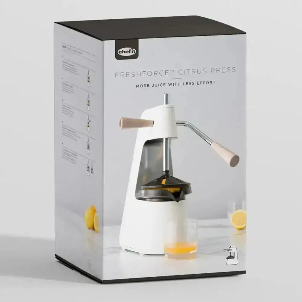 Box packaging of a 'Freshforce Citrus Press' with a white juicer illustration on a light gray background.