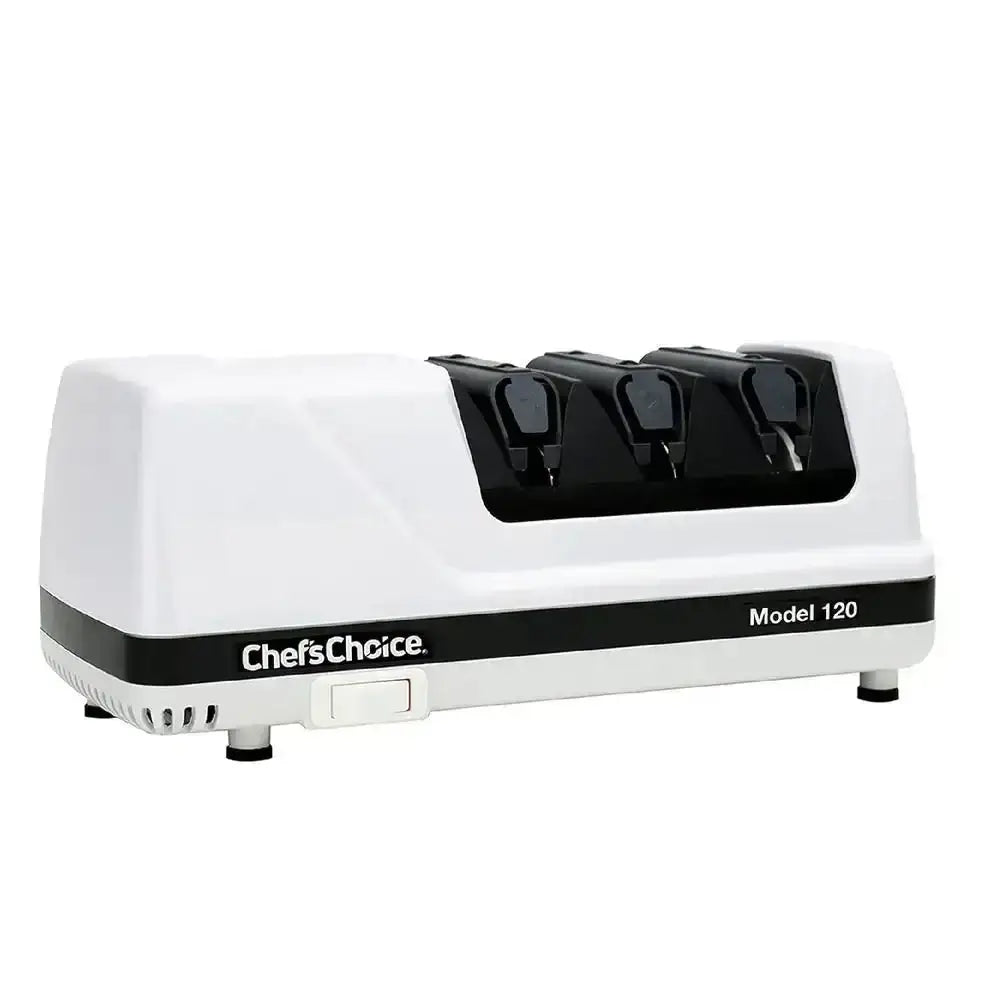 White Chef'sChoice Model 120 electric 3-stage knife sharpener on white background